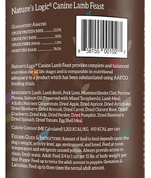 Nature's Logic Grain-Free Canned Dog Food - 95% Animal Proteins - 100% Natural Wet Dog Food Cans - No Common Allergens - All Life Stages - Ideal for Sensitive Dogs - Lamb (13.2 oz, 12 pack)
