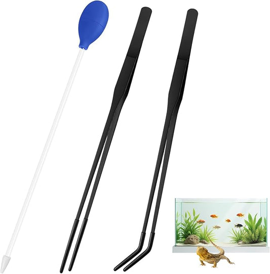 3 Pcs Multi-Functional Axolotl Tank Accessories, Pro-Grade Straight and Curved Long Tweezers with Extended Reach and Ergo-Grip, Plus a Precision Coral Feeder in One Care Bundle