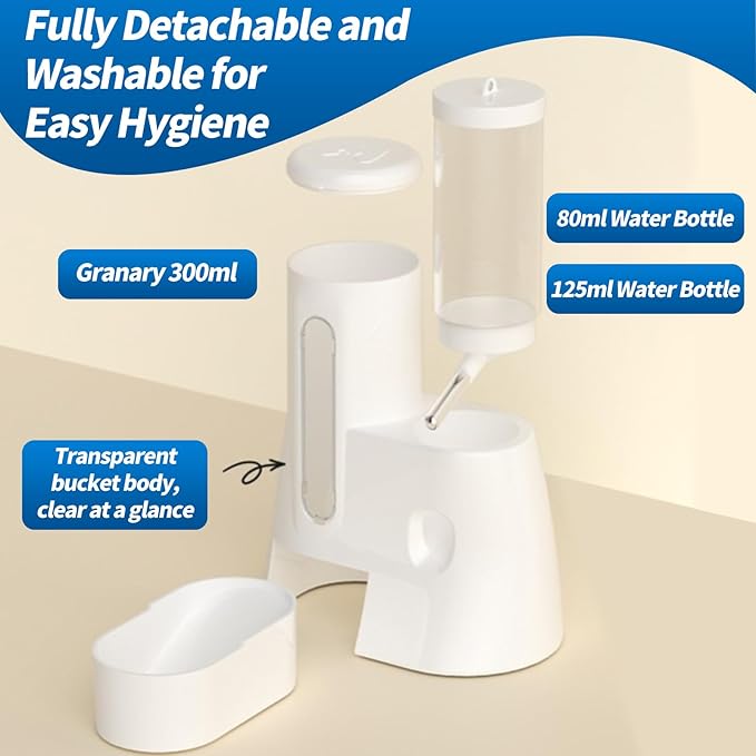 2-in-1 Hamster Water Bottle & Food Dispenser - Leak-Resistant Design for Glass/Wire Cages (120ml/4oz BPA-Free + Double Seal Nozzle) Dwarf Hamster & Mice Essentials (White, 6.3×5.1×4.3)