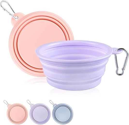 Collapsible Dog Bowls 2-Pack, Portable Travel Dog Bowl with Carabiner, Food-Grade Silicone Pet Bowl for Hiking, Walking (22 OZ Macaron Pink and Violet)