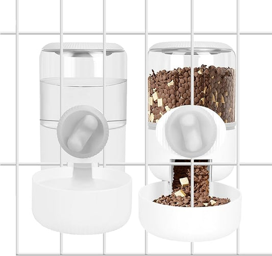Hanging Cage Automatic Food Water Dispenser with Separate 1.3L Food Bowl and 0.9L Waterer, Kennel Gravity Pet Feeder Set Crate Auto Feeder Dish for Small Pets Cat Puppy Ferret Bunny Guinea Pig