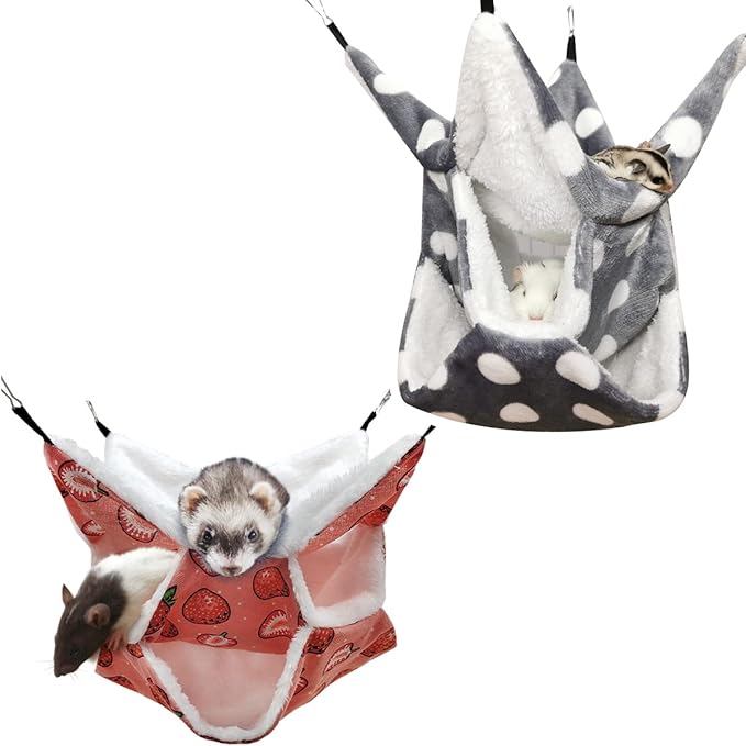 LEFTSTARER Triple-Layer Sugar Glider Hammock Small Pet Animal Cage Accessories Bed for Rat Guinea Pig Ferret Hamster Chinchilla Playing Sleeping (1pcs Grey &1pcs Strawberry)