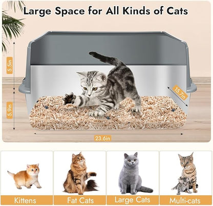 Vivifying XL Stainless Steel Cat Litter Box, High Side Metal Litter Pan with Scoop and Footboard for Big Cats, Kittens, Rabbits and Hamsters, Easy Cleaning Design (Gray)