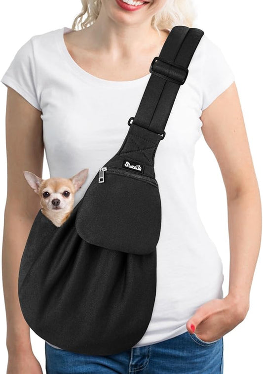 Lukovee Pet Sling, Hand Free Dog Sling Carrier Adjustable Padded Strap Tote Bag, Shoulder Bag with Front Pocket Safety Belt Carrying Small Dog Cat Puppy Machine Washable (Black-WY,S)