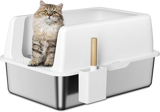Zarler Stainless Steel Litter Box with Lid, Extra Large Cat Litter Boxes, XL Large Metal Litter Box for Big Cats with High Sided, White (Non-Sticky, Easy to Clean, Anti-Urine Leakage)