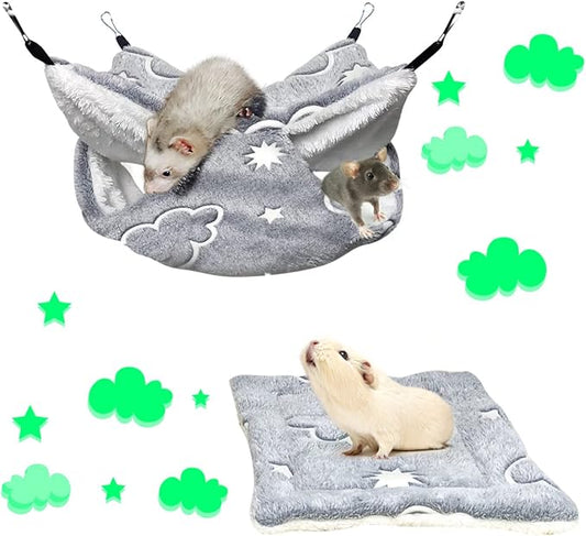 LEFTSTARER Noctilucent Luminous Guinea Pig Rat Hammock Bunkbed Hanging Tunnel and Soft Bed Mat for Ferret Hedgehog Squirrel Hideout Cage Accessories (3.Bunkbed Hammock and Mat)