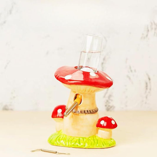 Ceramic Hamster Water Bottle with Stand & 80ML Water Bottle, Water Dispenser for Small Animal, Water Bottle Holder Auto Water Feeding Bottles for Syrian Dwarf Hamster Mice Gerbil (Mushroom Shape, Red)