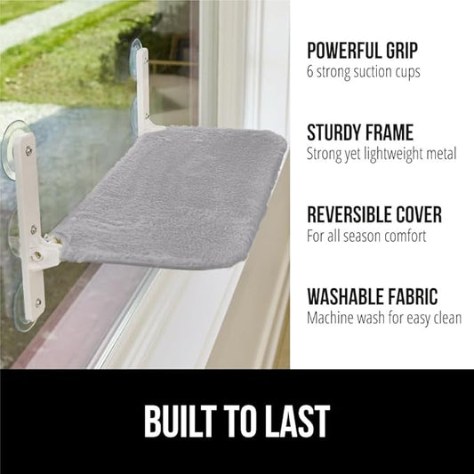 GORILLA GRIP Cat Window Perch, Sturdy Cat Hammock Bed Window Seat with 6 Large Suction Cups, Foldable Cordless Indoor Kitten Wall Shelves, Strong Metal Frame, Washable Cover, Small Gray