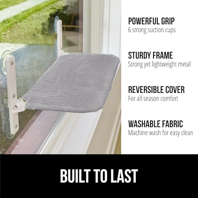 GORILLA GRIP Cat Window Perch, Foldable Cat Window Hammock Bed with 6 Large Suction Cups, Cordless Indoor Wall Shelves, Strong Metal Frame Holds 30lbs, Reversible Washable Sherpa Cover, Medium Gray