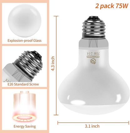 New Upgrade Reptile Heat Lamp Bulb (3rd Gen No Broken), 75W 2 Pack Basking Spot Light for Reptiles & Amphibians,UVA Daylight Heat Bulb for Bearded Dragon, Turtle