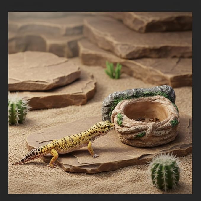 Magnetic Reptile Feeding Ledge, Gecko Feeder Ledge with One Piece Cup, Hollow Vine Food Dish, Reptile Water Bowl for Bearded Dragon Lizard Snake