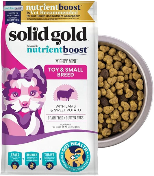 Solid Gold Toy & Small Breed Dry Dog Food Small Bites – Real Lamb, Grain Free, Gluten Free, High Fiber Healthy Kibble w/Probiotics for Gut Health & Digestion Support– All Ages NutrientBoost –3.75LB
