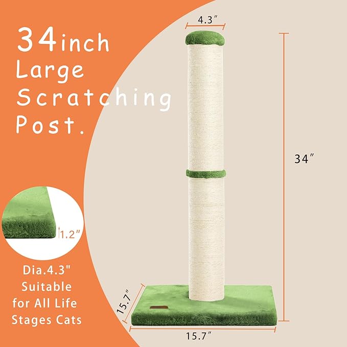 34inch Cat Scratching Post with Natural Sisal Rope 4.3Inch Large Diameter Scratcher Post Tree for Indoor Cats Green
