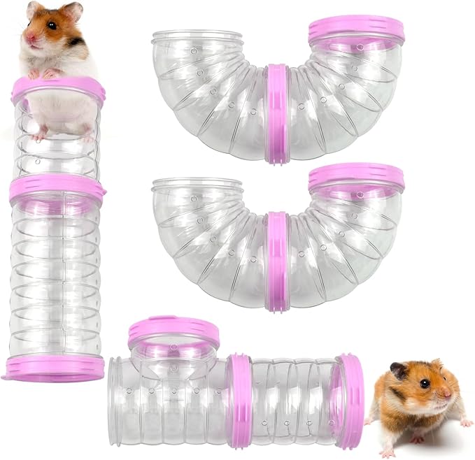 Dwarf Hamster Tubes and Tunnels Set,Mouse DIY Toy Transparent Tube Pet Cage Connection Tunnel Kit Syrian Hamster External Accessories Adventure Pipe for Mice Rat(Pink)