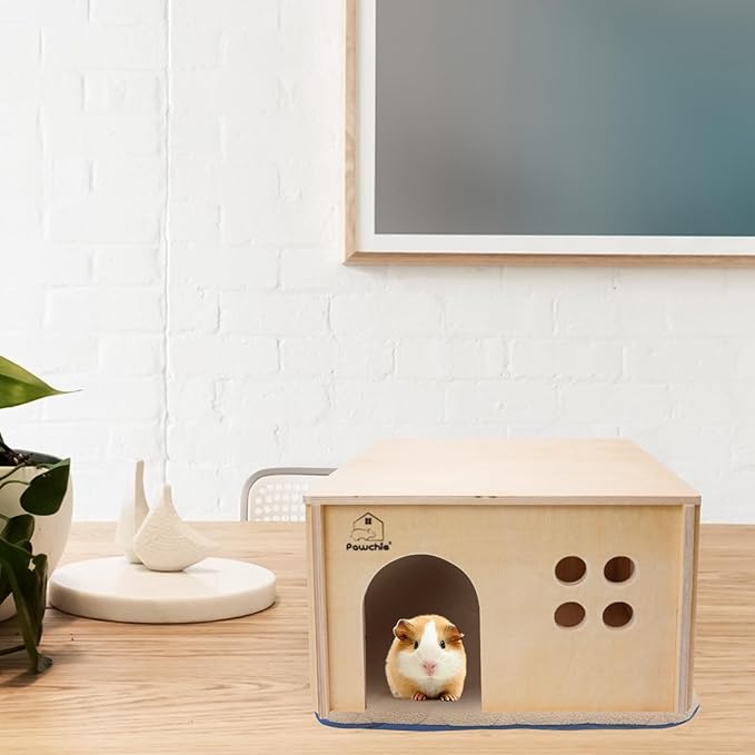 PAWCHIE Guinea Pig House Hide - Wooden Hideout for Chinchilla Small Animals, Habitat with Windows Guinea Pig Hamster Rat Living