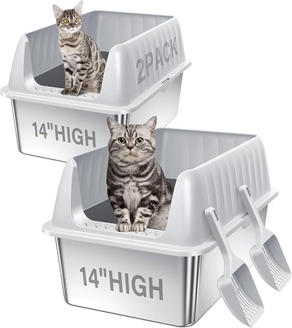 Cat Litter Box Stainless Steel XL with Lid, Enclosed Metal Extra Large Litter Box Pan High Sided with Scoop for Big Cats, Non-Sticky, Anti-Urine Leakage, Easy Cleaning