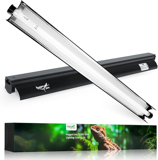 T5 Reptile Light Fixture Combo Kit 24W Light Fixture Reptile Terrarium Hood 10.0 UVB Light Bulb Fluorescent Tube Ideal for Tropical and Deserts Such as Bearded Dragon Lizards and Tortoises