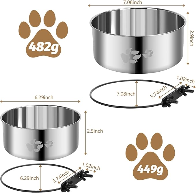 2-in-1 Dog Crate Water Food Bowl No Spill,2 Pack Hanging Dog Bowls for Kennel,Dogs Crate Water Feeder Dish,Stainless Steel Kennel Dogs Bowls Mountable with Non-Slip Bottom for Cats Bunny Ferret Bird