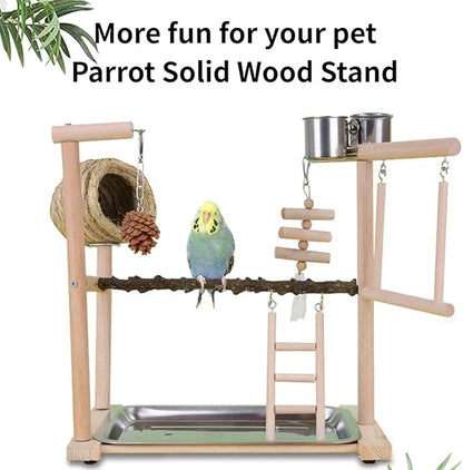 Parrot Playground Playstands, Bird Playgrounds with Feeder Cups Breeding Grass Nest Bird Cage Stand Bird Perch Stands, Parakeet Playground Wood Bird Play Stand for Cockatiel Parakeet