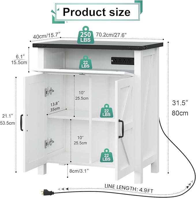 Suadism 20 Gallon Aquarium Stand With Charging Station, Farmhouse Fish Tank Stand, Reptile and Terrarium Stand with Drawer and Cabinet Storage, Sturdy Heavy Duty 27.6"15.7" - White
