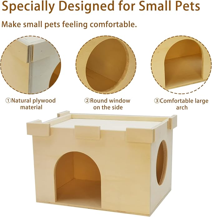 Fhiny Guinea Pig Castle, Chinchilla Hut with Window Ventilated Guinea Pig House Wood Small Animal Hideout Hamster Habitat Decor for Hamster Hedgehog Squirrel Sugar Glider