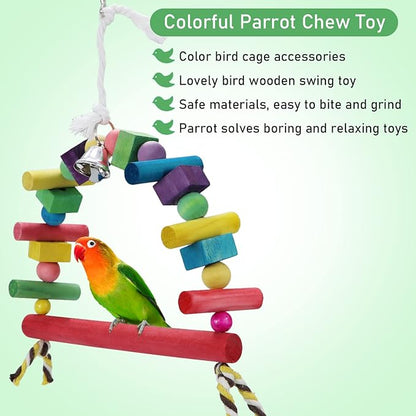 Litewoo Bird Swing Toys Natural Wood Knots Block Rainbow Bridge Wooden Hanging Bells Toys for Parrot Budgie Lovebirds Conures Parakeet cockatoo Cockatiel