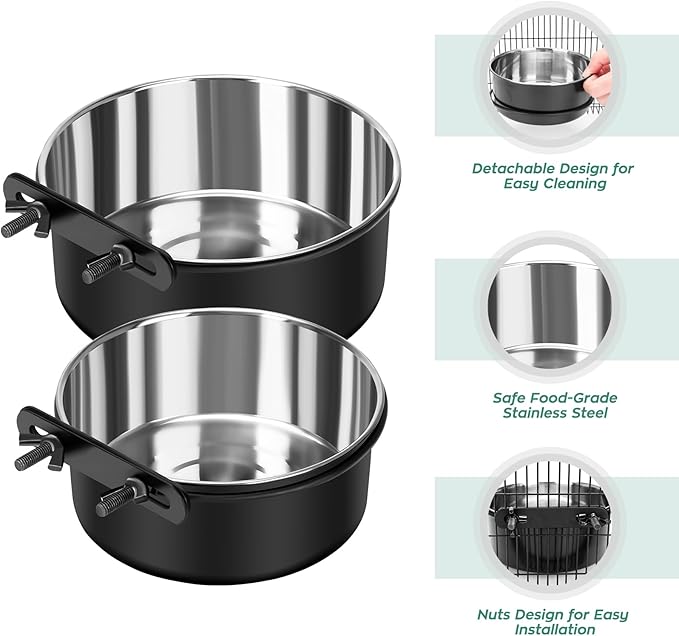 Dog Crate Water Bowl No Spill, 2 Pack Dog Crate Bowls Hanging, Kennel Water Food Bowls Mountable, Pet Cage Accessories Feeder Dish, Stainless Steel Coop Cup for Cat Puppy Bunny Guinea Pig Ferret Bird