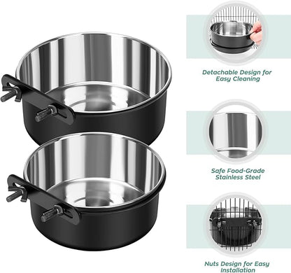 Dog Crate Water Bowl No Spill, 2 Pack Dog Crate Bowls Hanging, Kennel Water Food Bowls Mountable, Pet Cage Accessories Feeder Dish, Stainless Steel Coop Cup for Cat Puppy Bunny Guinea Pig Ferret Bird