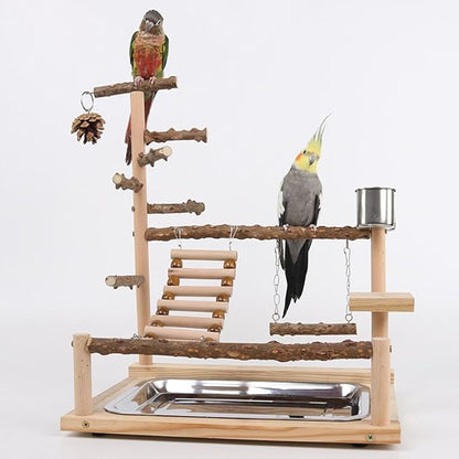 Parrot Playground Playstands, Bird Playgrounds with Feeder Cups Bird Cage Stand Bird Perch Stands, Parakeet Playground Wood Bird Play Stand for Cockatiel Parakeet