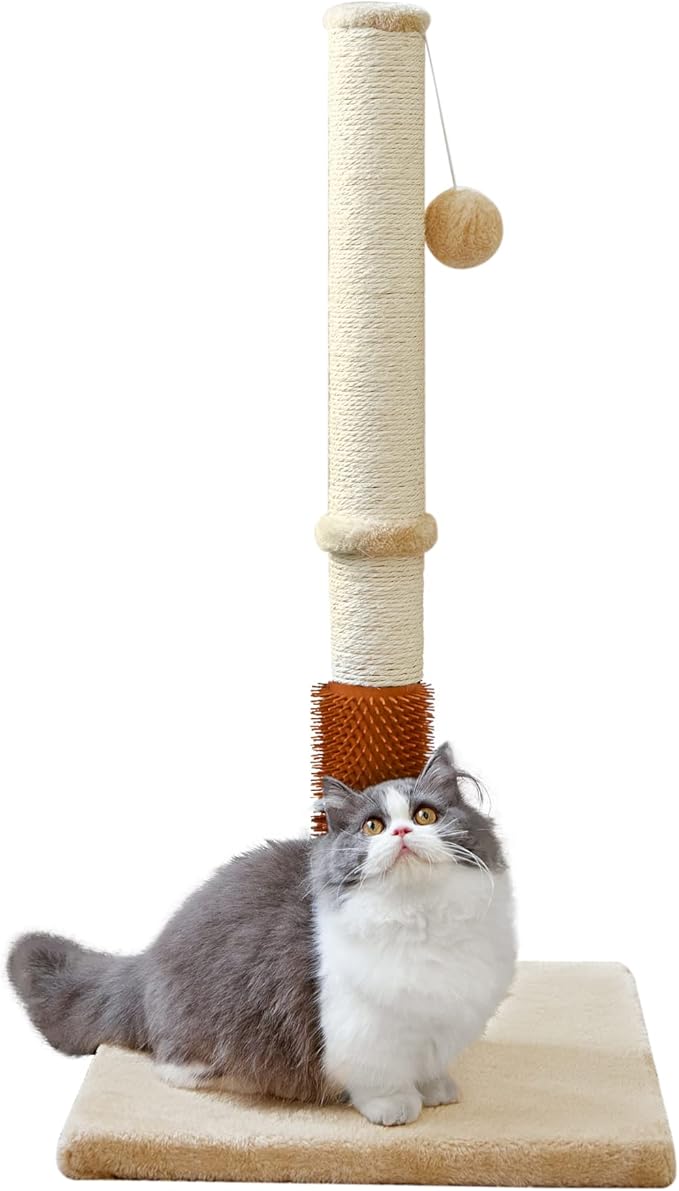 MeowHomm 32" Cat Scratching Post with Self Groomer Cat Brush, Sisal Rope Tall Cat Scratching Post with Soft Hanging Ball for Indoor Cats, Cat Claw Scratcher Covered with Soft Smooth Plush