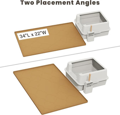 Cat Mat for Litter Box, 34" X 22" Large Silicone Cat Litter Trapping Mat, Easy Clean for Scatter Control, Soft on Kitty Paws, Waterproof, Urine-Proof, Non-Slip Kitty Litter Mat for Floor, Brown