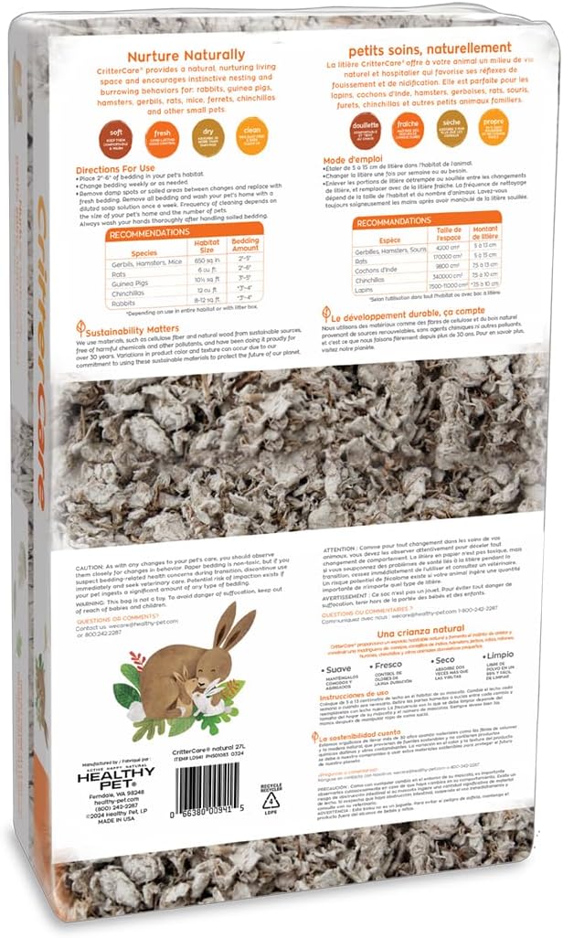 CritterCare Natural Paper Small Pet Animal Bedding - Odor Control, Unscented, 99% Dust Free, Super Absorbent, Natural, 27L, Great for Rabbits, Guinea Pigs, Hamsters, Gerbils, Mice, Rats