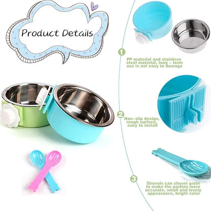 Hamiledyi 2-Pack Hanging Dog Bowls with Removable Stainless Steel Feeder - Spill-Proof Crate Bowls for Kennel/Cage, Puppy to Medium Dogs, Cats, Rabbits & Guinea Pigs (Durable Pet Food & Water Dishes)