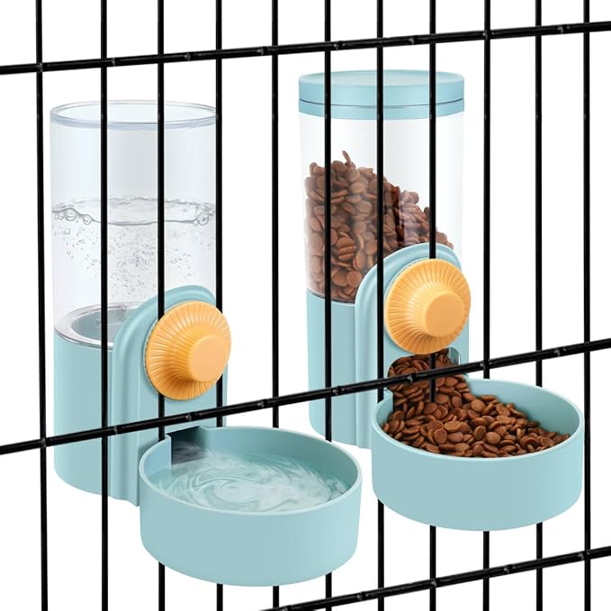 Pet Feeder Waterer Hanging Dog Cat Food Water Dispenser, Automatic Gravity Feeder Waterer Set for Cage Pets, Travel Food Water Bowl Rabbit Feeder for Ferret Small and Medium Animals, Blue