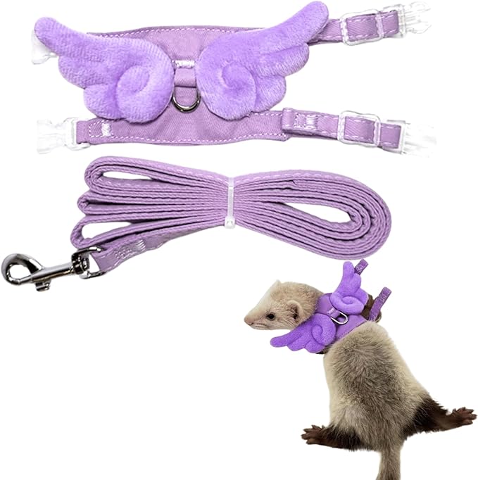 Ferret Harness and Leash with Adjustable Buckle for Small Pets, Soft Breathable Pure Cotton Cloth Walking Vest with Angel Wings for Guinea Pig, Hamster, Baby Rabbit Kitten (Purple)