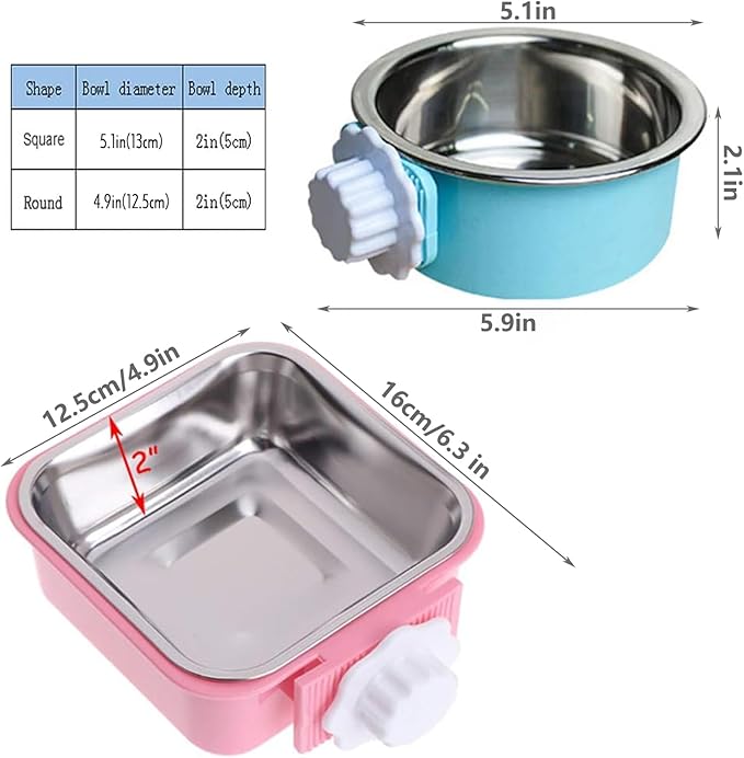 Hamiledyi 2-Pack Hanging Dog Bowls with Removable Stainless Steel Feeder - Spill-Proof Crate Bowls for Kennel/Cage, Puppy to Medium Dogs, Cats, Rabbits & Guinea Pigs (Durable Pet Food & Water Dishes)