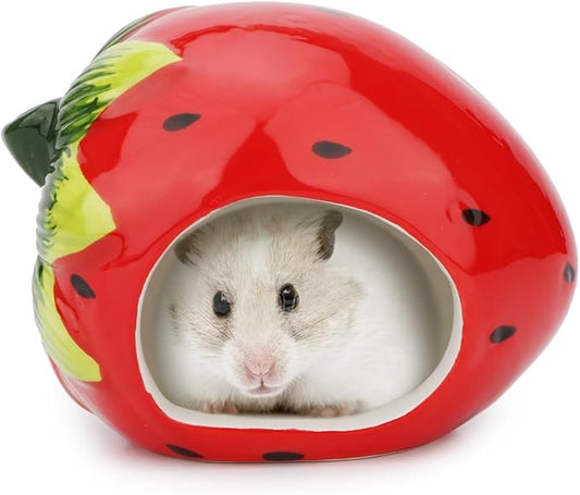 Hypeety Dwarf Hamster Hideout Adorable Cartoon Shape Hamster House Chinchilla Mini Hut Small Animal Ceramic Hideout Cave (Strawberry)