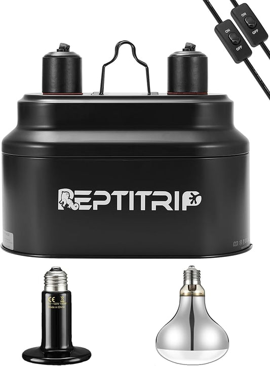 Dual Reptile Light Fixture with 100W Full Spectrum UVA UVB Light Bulb & 100W Nighttime Ceramic Heat Emitter, 2 Independent Switches, Reptile UVA UVB Light Combo Pack