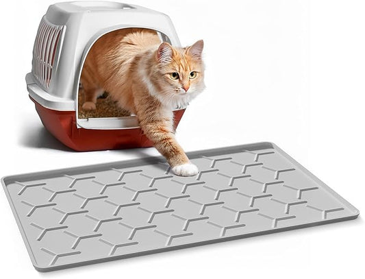 Cat Litter Box Mat, Silicone Kitty Litter Mat, 24" X 16" Waterproof Silicone Pad for Floor, Light Gray