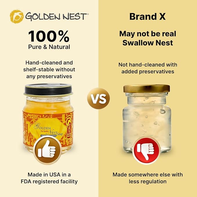 Golden Nest Premium Bird Nest Soup, Swallow Bird Nest 100% Natural - Made in USA, (燕窩) 6 bottles x 75ml (2.5 oz.) (1 box = 6 bottles x 75ml, Ginseng)