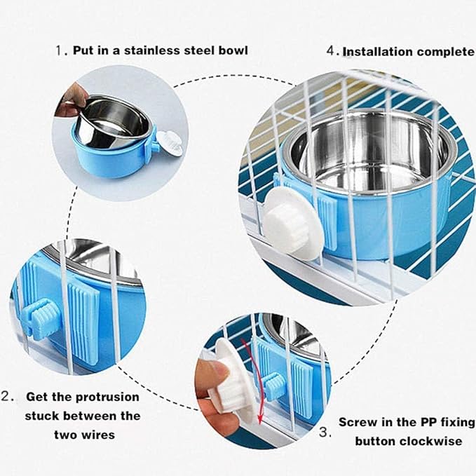 Hamiledyi 2-Pack Hanging Dog Bowls with Removable Stainless Steel Feeder - Spill-Proof Crate Bowls for Kennel/Cage, Puppy to Medium Dogs, Cats, Rabbits & Guinea Pigs (Durable Pet Food & Water Dishes)