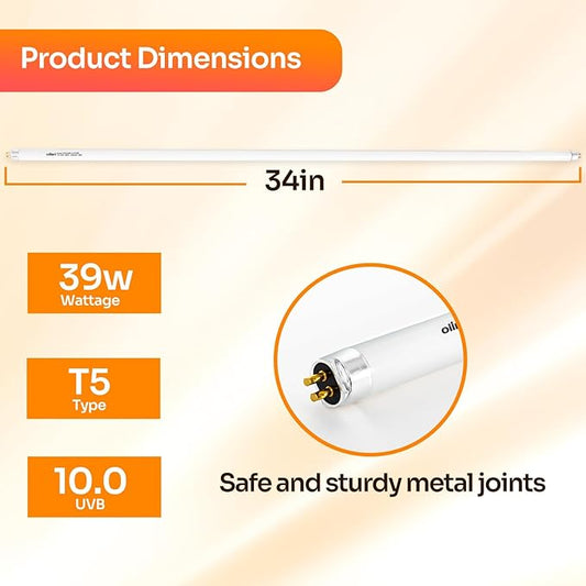 Oiibo T5 HO 10.0 UVB Lamp Bulb 34" L 39 Watts, Reptile UVB Lamp Tube for Bearded Dragon