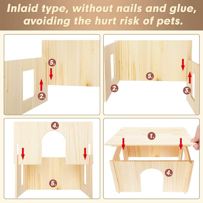 PAWCHIE Wooden Hut for Guinea Pig with Windows - Detachable and Large Size Wood House, Suitable for Guinea Gigs, Hamsters, Chinchillas and Other Small Animals Hideout