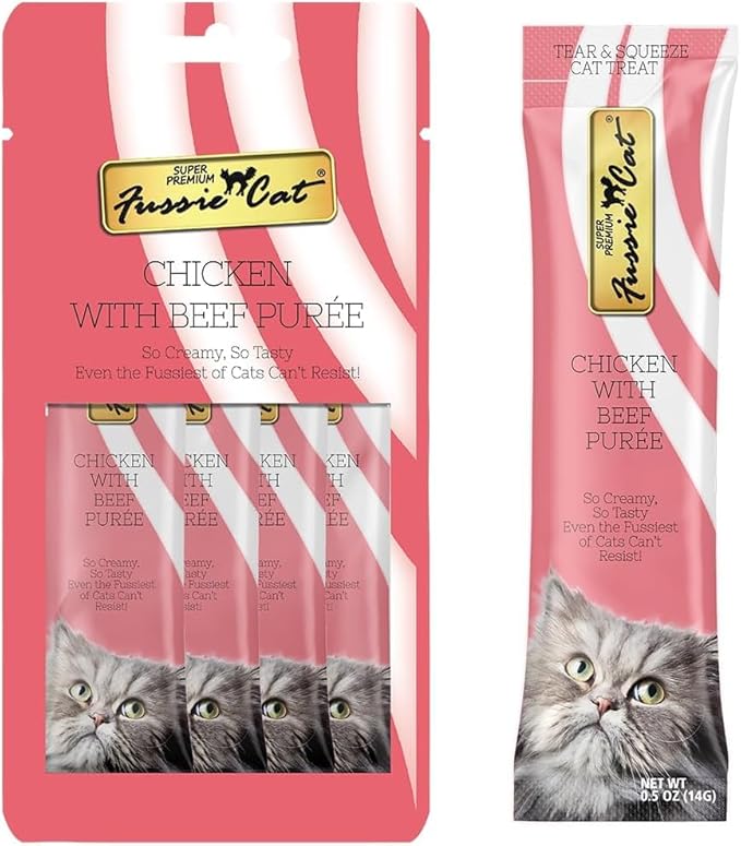 Fussie Cat Premium Puree Lickable Cat Treats in Chicken Puree, 4 Flavors, 4 Packs of 4-0.5oz Tubes (16 Total Tubes) +Lid