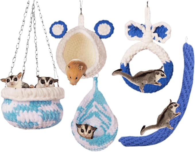 5Pcs Hamster Cage Hammock Small Animals Hanging Hammocks with Squirrel Cages Accessories Hang Tunnel Swing for Sugar Glider Toys Rat Swing Jungle Set Plush Hamsters Warm Beds (Blue)