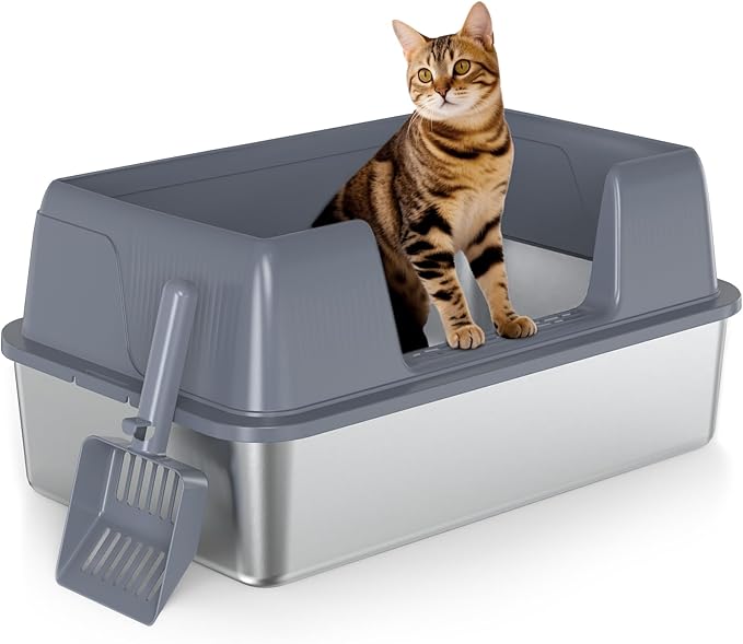 Vivifying Stainless Steel Cat Litter Box, XL Extra Large Semi-Enclosed Metal Pan with Side Entry, Scoop Included, Open Top Potty for Indoor Big Cats & Kitty, Easy to Clean & Odor Resistant (Gray)
