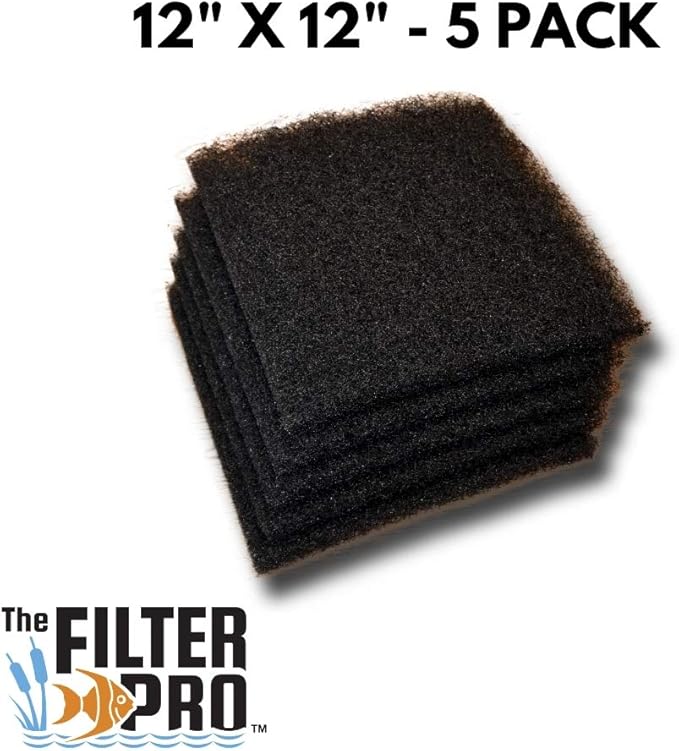 Black Coarse Filter Media, 1.25" Thick, 12" x 12" Pads, 5 Pack, Perfect for Aquariums, Ponds or Water Gardens, Made in USA