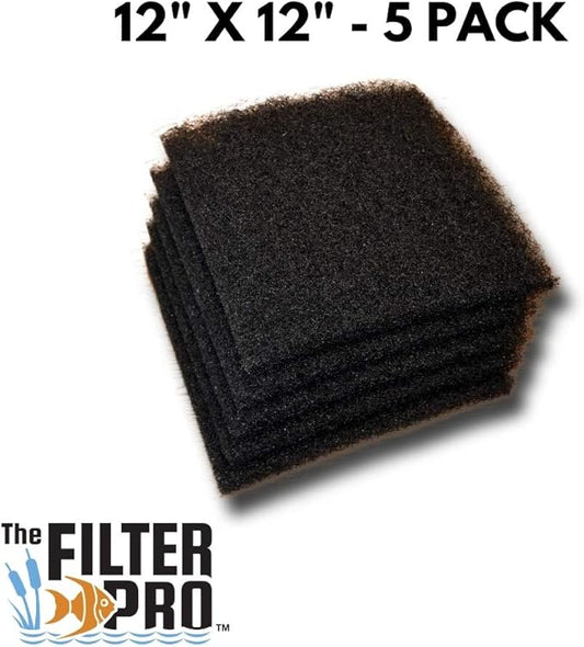Black Coarse Filter Media, 1.25" Thick, 12" x 12" Pads, 5 Pack, Perfect for Aquariums, Ponds or Water Gardens, Made in USA