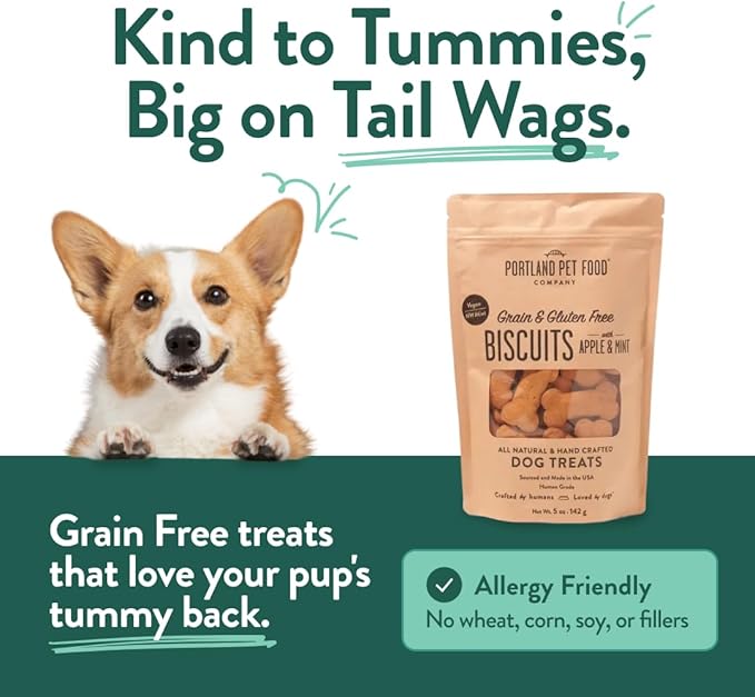 Portland Pet Food Company Apple & Mint Dog Treats Healthy Biscuits for Small Medium & Large Dogs - Grain-Free, Human-Grade, All Natural Dog Cookies, Snacks & Training Treats - Made in The USA - 5 oz