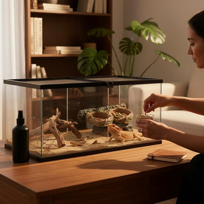 Magnetic Reptile Feeding Ledge, Gecko Feeder Ledge with One Piece Cup, Hollow Vine Food Dish, Reptile Water Bowl for Bearded Dragon Lizard Snake